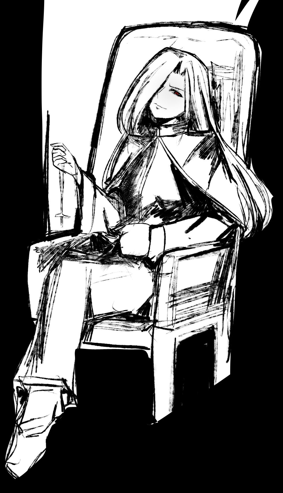1girl, black_background, boots, capelet, chair, collared_shirt, cross, cross_necklace