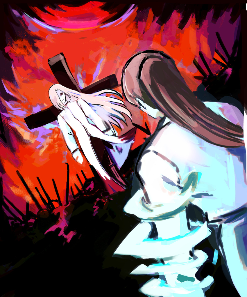 1boy, 1girl, absurdres, blood, blood_on_clothes, brown_hair, brown_pants, character_request