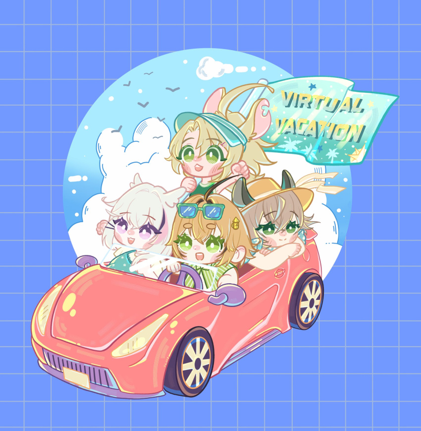 4girls, :3, :d, animal_ears, ashton_marten_(vtuber), bird, blonde_hair, blush, bright_pupils, car, chinchilla_ears, closed_mouth, clouds, commentary, dooby_(vtuber), english_commentary, english_text, flag, green_eyes, green_shirt, grid, hair_between_eyes, hair_ornament, hairclip, hat, highres, hyuni_(character), indie_virtual_youtuber, motor_vehicle, multicolored_hair, multiple_girls, nimi_nightmare, open_mouth, pink_hair, purple_hair, shirt, smile, star_(symbol), streaked_hair, striped_clothes, striped_shirt, tapir_ears, violet_eyes, white_hair, white_pupils, yellow_hat, yu_us0