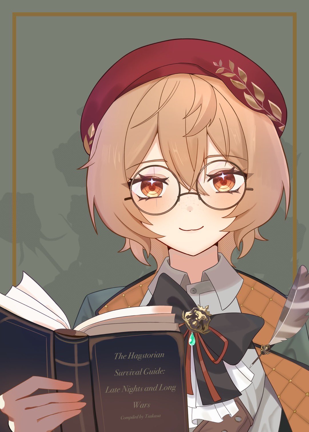 1girl, artist_name, ascot, beret, black-framed_eyewear, black_bow, black_bowtie, blush, book, bow, bowtie, brown_eyes, brown_hair, clio_aite, closed_mouth, collared_shirt, double-parted_bangs, dress_shirt, english_text, freckles, glasses, green_background, grey_shirt, hair_between_eyes, hat, highres, holding, holding_book, inset_border, looking_at_viewer, open_book, phase_connect, quill, red_hat, round_eyewear, scar, scar_across_eye, scar_on_face, shirt, short_hair, smile, solo, sparkling_eyes, tsukasa12598, virtual_youtuber, white_ascot