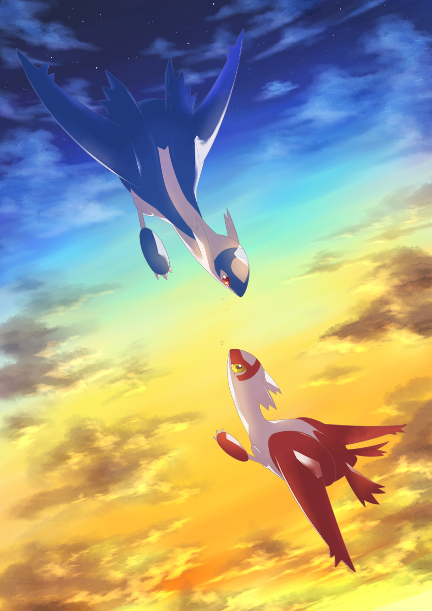 absurdres, claws, clouds, commentary_request, eye_contact, highres, hoshimi_hazuki, latias