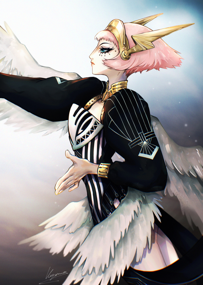 1girl, absurdres, blue_eyes, closed_mouth, commentary, english_commentary, eyelashes, feathered_wings