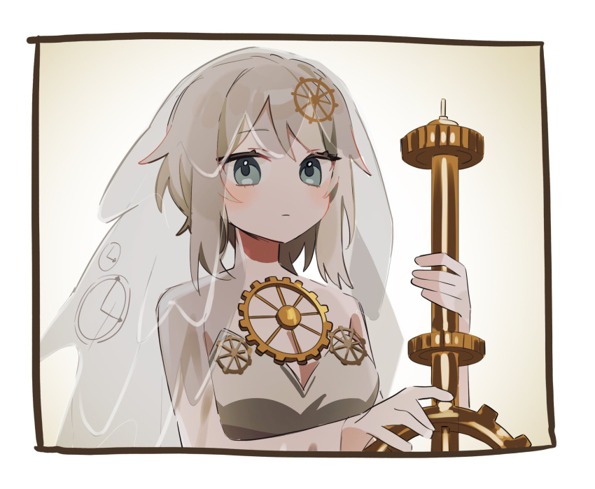 10rigar, 1girl, blue_eyes, border, bridal_veil, clock_hair_ornament, dress, everlasting_(e.g.o)