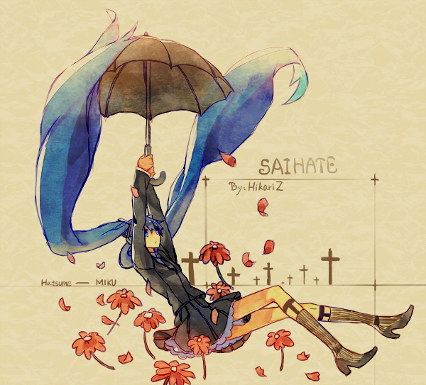 footwear, green_eyes, green_hair, hatsune_miku, kneehighs, light_kiseki, long_hair, saihate_(vocaloid), skirt, socks, twintails, umbrella, vertical-striped_legwear, vertical_stripes, very_long_hair, vocaloid