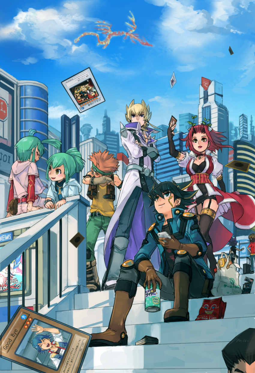 akiza_izinski, blonde_hair, blue_eyes, boots, bruno, crow_hogan, dress, duel_monster