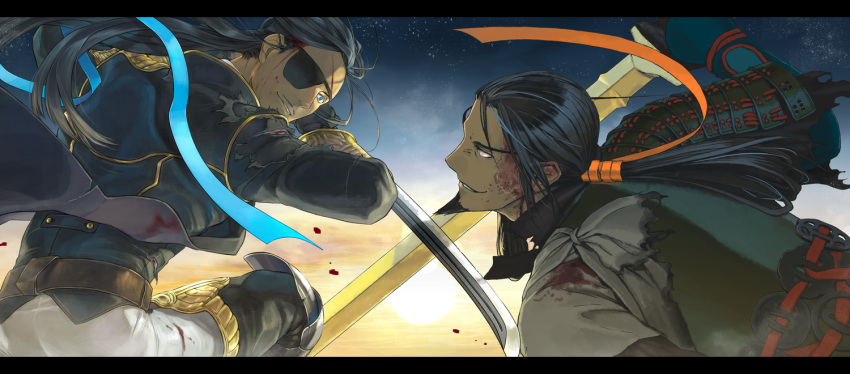 beard, bears, black_hair, blue_eyes, eyepatch, facial_hair, fighting, grey_hair, hair_ribbon, pixiv_fantasia, pixiv_fantasia_5, piyo, ponytail, ribbon, smile, sword, weapon