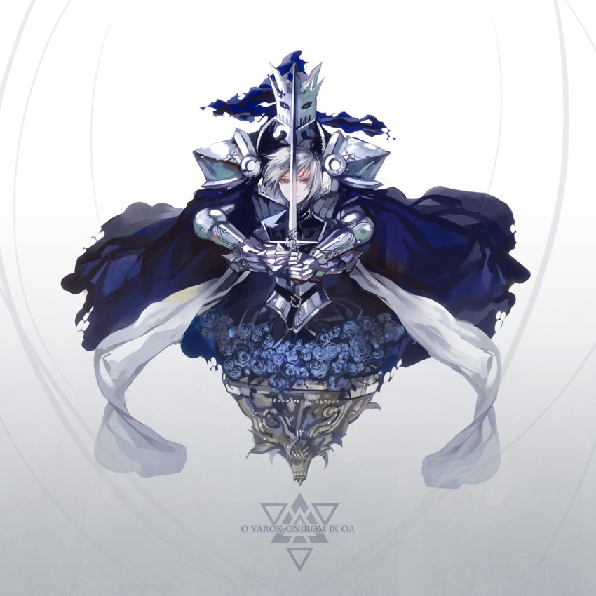 blue_eyes, blue_rose, cape, flower, gloves, helmet, highres, knight