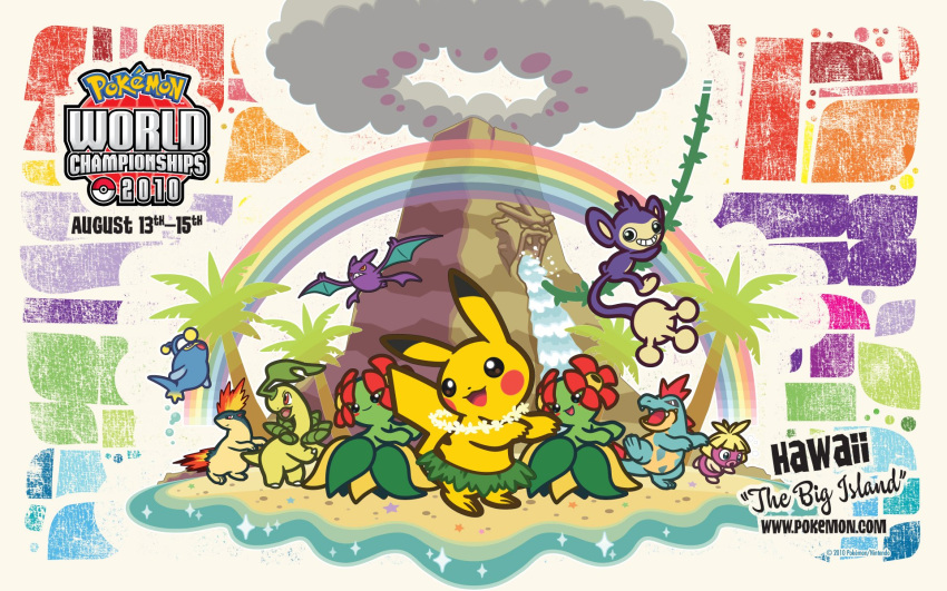 2010, 3girls, aipom, bayleef, beach, bellossom, blonde_hair, closed_mouth