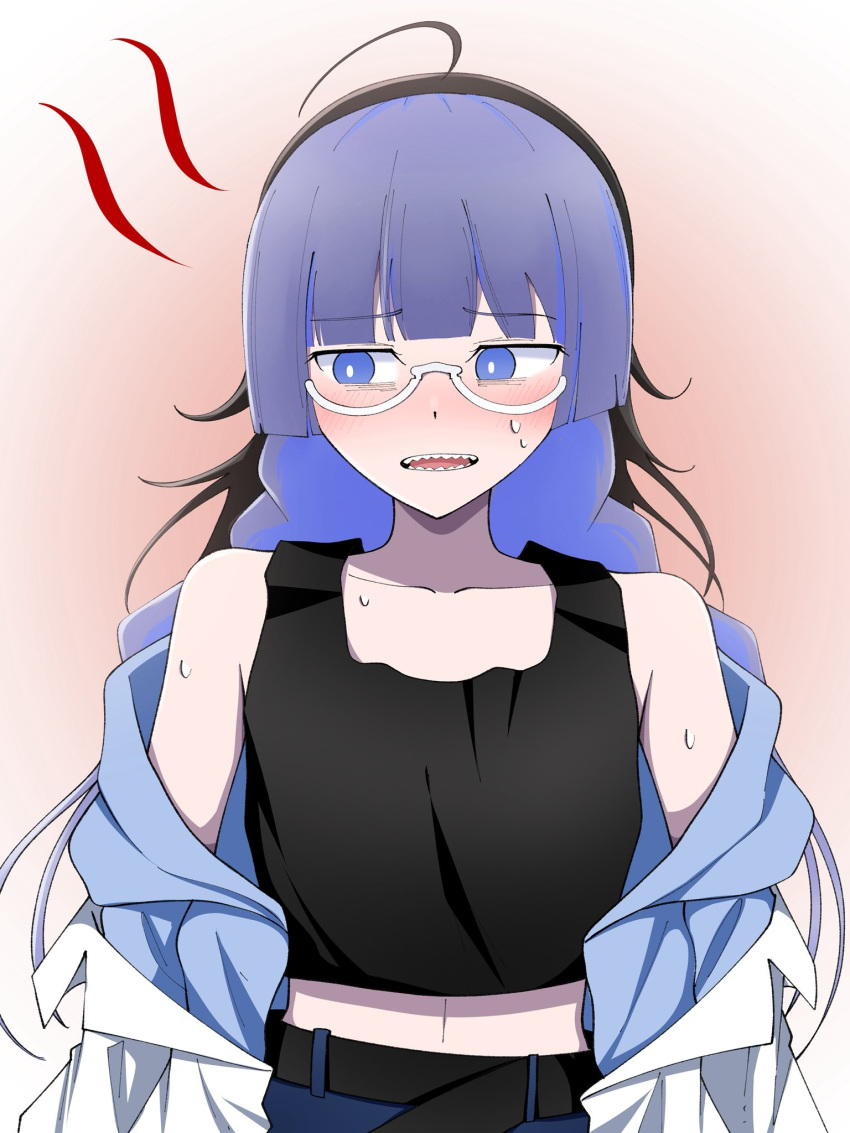 1girl, ado_(utaite), ahoge, black_hair, black_tank_top, blue_eyes, blue_hair, blue_jacket