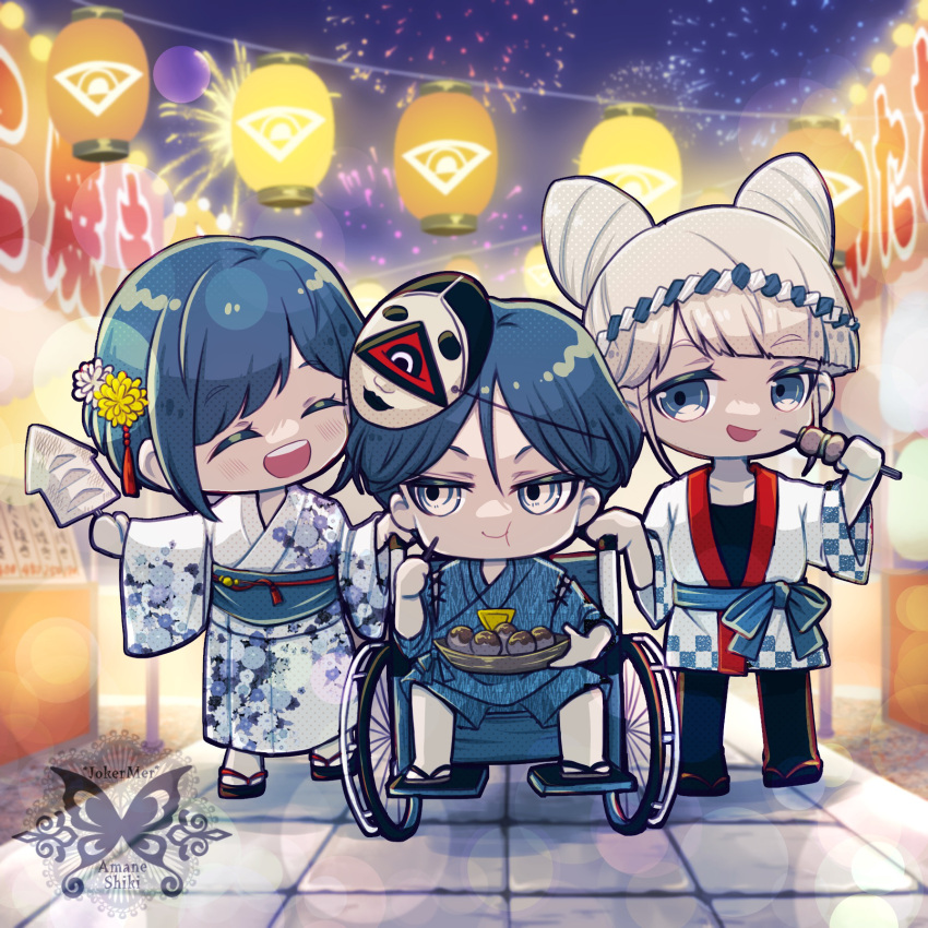 1boy, 2girls, aerial_fireworks, blue_eyes, blue_hair, blue_kimono, chibi, chibi_only