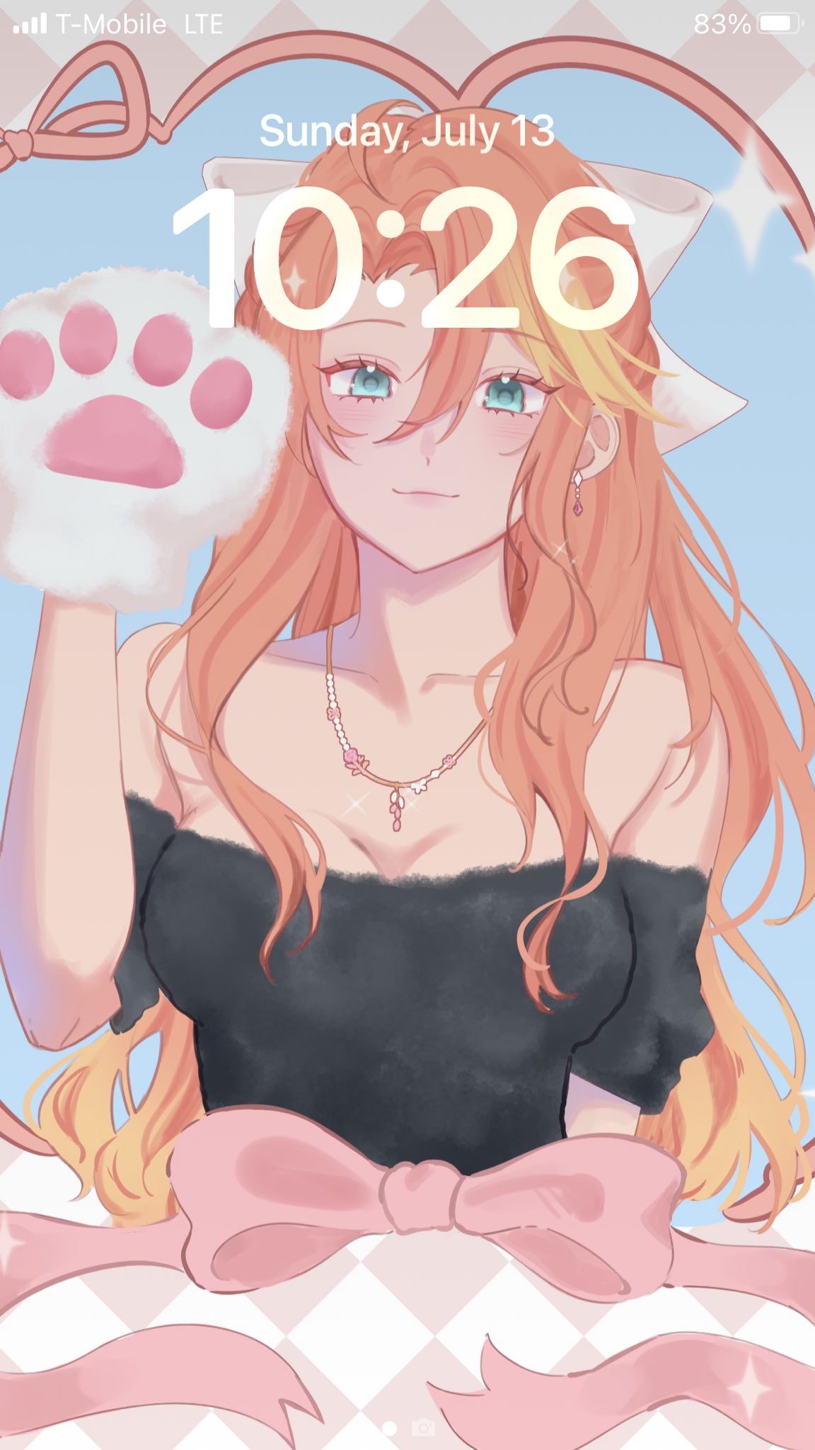 1girl, bare_shoulders, blonde_hair, bow, curtained_hair, dress, earrings, eiyuu_densetsu, english_commentary, english_text, fake_phone_screenshot, fake_screenshot, green_eyes, hair_between_eyes, highres, jewelry, judith_lanster, kuro_no_kiseki_(series), looking_at_viewer, multicolored_hair, orange_hair, parted_bangs, pendant, sakuradonuts, second-party_source, single_paw_glove, sleeveless, sleeveless_dress, smile, solo, streaked_hair