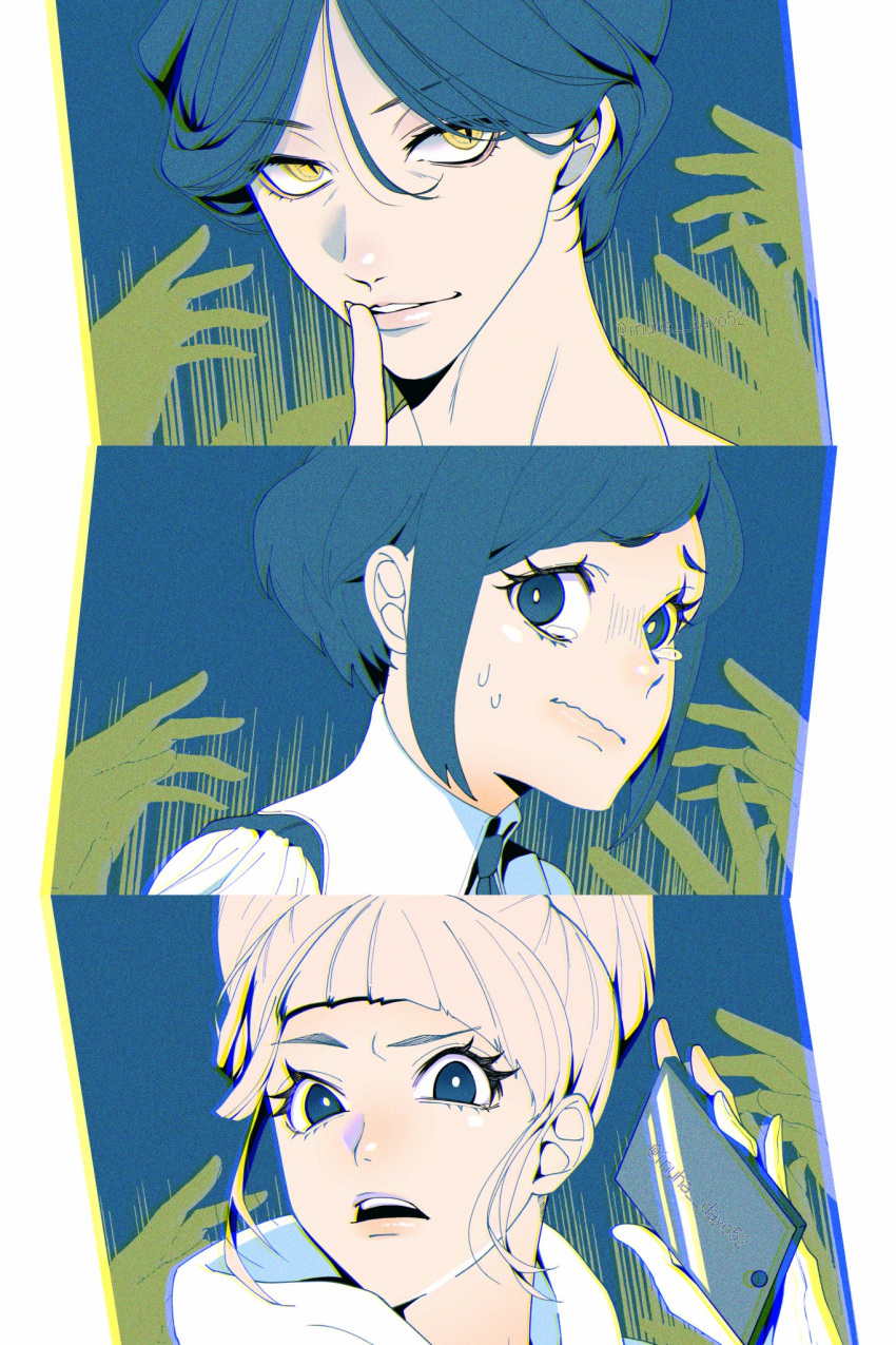 1boy, 2girls, blonde_hair, blue_eyes, blue_hair, blunt_bangs, bright_pupils, chromatic_aberration