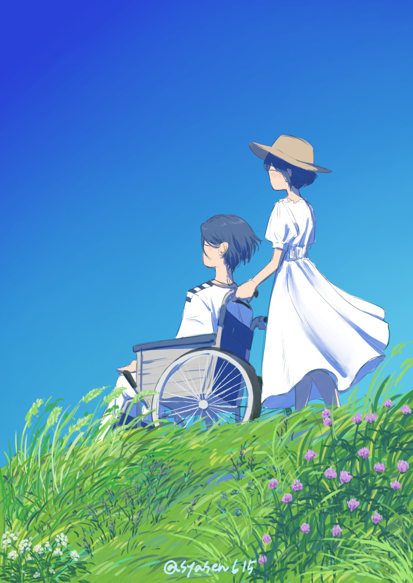 1boy, 1girl, absurdres, alternate_costume, blue_sky, commentary_request, day, dress, field, from_side, fukurai_azami, full_body, grass, hat, highres, meguriya_ayumu, outdoors, pushing_wheelchair, shasen_(syasen615), shirt, short_hair, sitting, sky, standing, sun_hat, toshi_densetsu_kaitai_center, twitter_username, wheelchair, white_dress, white_shirt