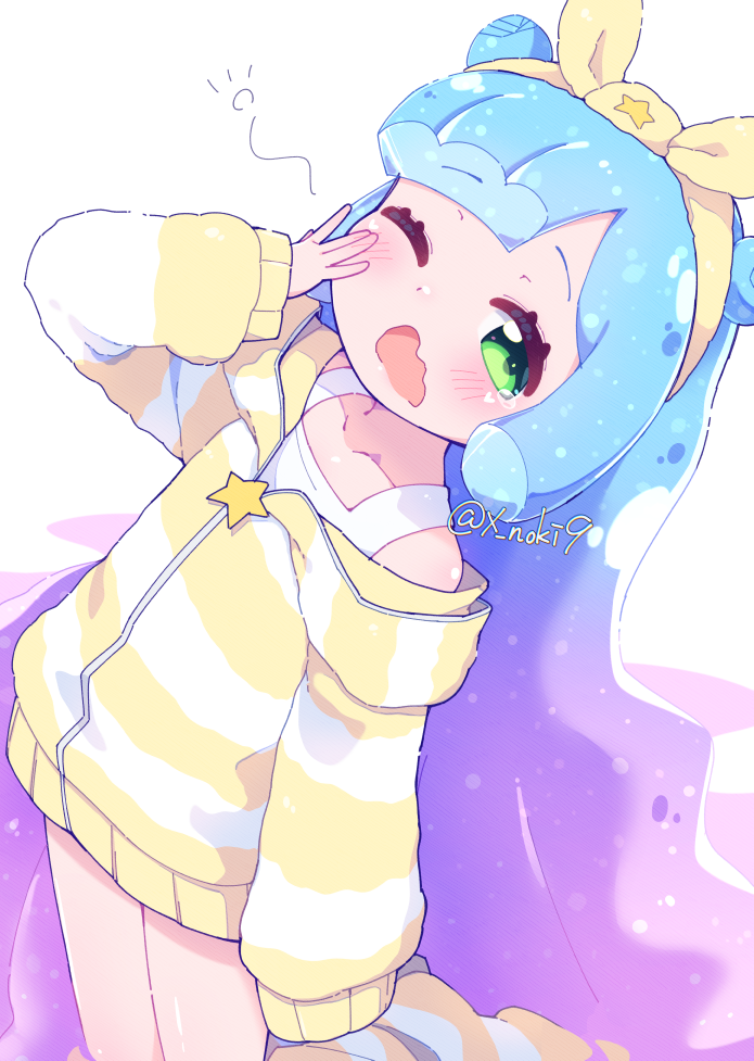 1girl, artist_name, blue_hair, blush, commentary_request, double_bun, fluffy_pajama_kawaii_puniru, gradient_hair, green_eyes, hair_bun, hairband, jacket, long_hair, long_sleeves, looking_at_viewer, multicolored_hair, one_eye_closed, open_mouth, pajamas, partial_commentary, puniru_(puniru_wa_kawaii_slime), puniru_wa_kawaii_slime, purple_hair, simple_background, sleepy, socks, solo, squeans, star_(symbol), striped_clothes, striped_jacket, striped_socks, tank_top, tearing_up, twitter_username, very_long_hair, wavy_mouth, white_background, white_jacket, white_socks, white_tank_top, x_noki9, yellow_hairband, yellow_jacket, yellow_socks