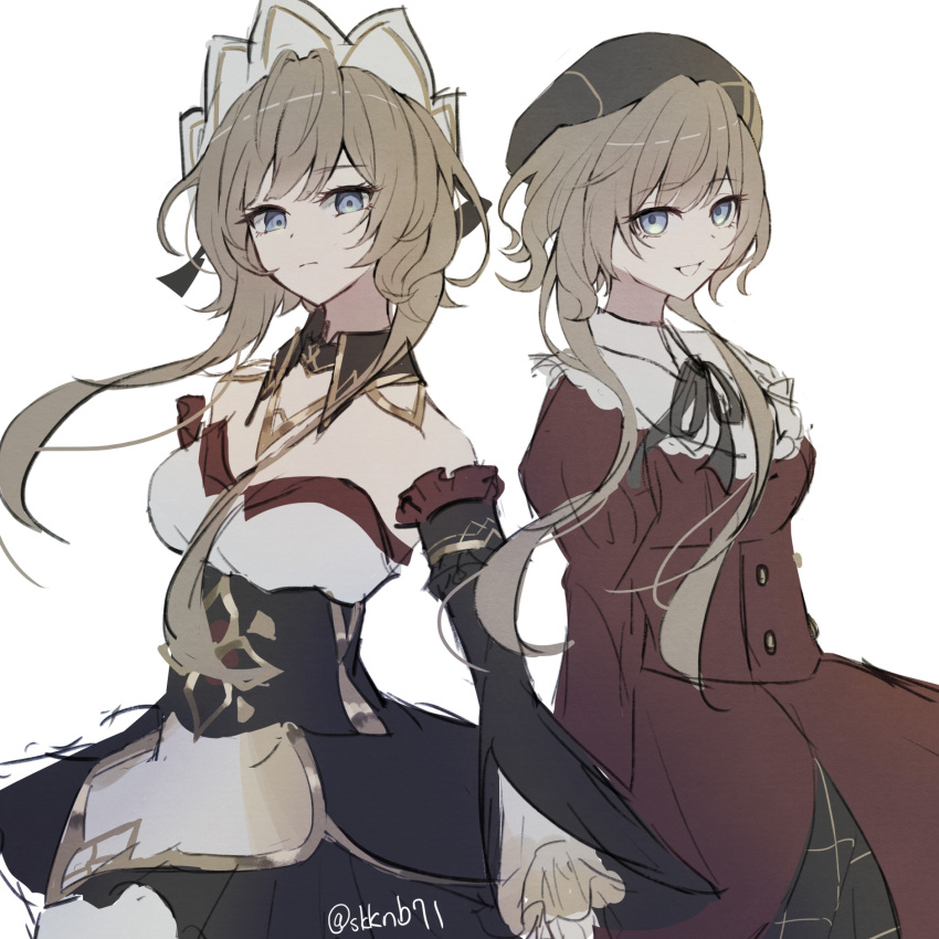 bare_shoulders, beret, black_dress, black_sleeves, blue_eyes, brown_hair, brown_hat, bun_with_braided_base, detached_sleeves, dress, genshin_impact, hair_bun, hat, headdress, highres, mary-ann_(genshin_impact), red_dress, sandrone_(genshin_impact), sidelocks, simple_background, sketch, skknb71, two-tone_dress, white_background, white_dress