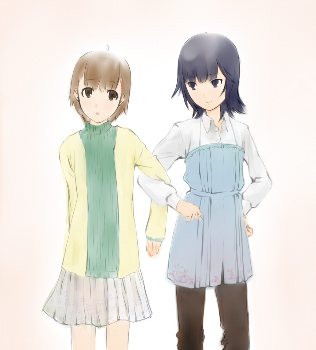 :o, androgynous, arms_interlocked, brown_eyes, brown_hair, couple, crossdressing, crossdressinging