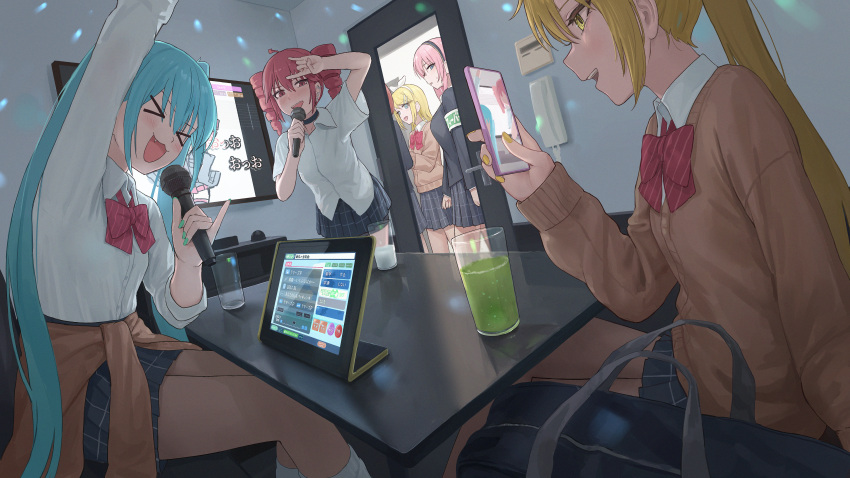 6+girls, \m/, absurdres, akita_neru, aqua_nails, arm_up, armband, black_choker, black_hairband, black_jacket, blonde_hair, blue_eyes, blue_hair, blue_sky, blush, bow, bowtie, brown_cardigan, brown_hair, buttons, cardigan, cardigan_around_waist, cellphone, choker, clothes_around_waist, collared_shirt, commentary_request, diagonal-striped_bow, diagonal-striped_bowtie, diagonal-striped_clothes, dress, fingernails, glass, hairband, hand_up, hatsune_miku, highres, holding, holding_phone, indoors, jacket, kagamine_rin, karaoke, kasane_territory_(utau), kasane_teto, leaning_forward, long_hair, long_sleeves, looking_at_another, megurine_luka, meiko_(vocaloid), microphone, miniskirt, multiple_girls, music, open_mouth, partial_commentary, perspective, phone, phone_on_wall, pink_hair, pinstripe_bowtie, plaid_clothes, plaid_skirt, pleated_skirt, ponytail, project_sekai, recording, red_bow, red_bowtie, school_uniform, shirt, short_hair, short_sleeves, singing, skirt, skirt_set, sky, smartphone, striped_clothes, tablet_pc, tadanotarosuke, teeth, three-quarter_sleeves, triple_baka_(vocaloid), triple_ryuunen, twintails, upper_teeth_only, utau, very_long_hair, video_game, vocaloid, wing_collar, yellow_eyes, yellow_nails