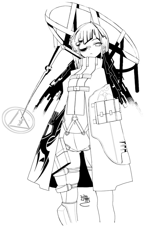 1girl, black_outline, coat, coat_pouch, greyscale, looking_at_viewer, magical_girl, monochrome