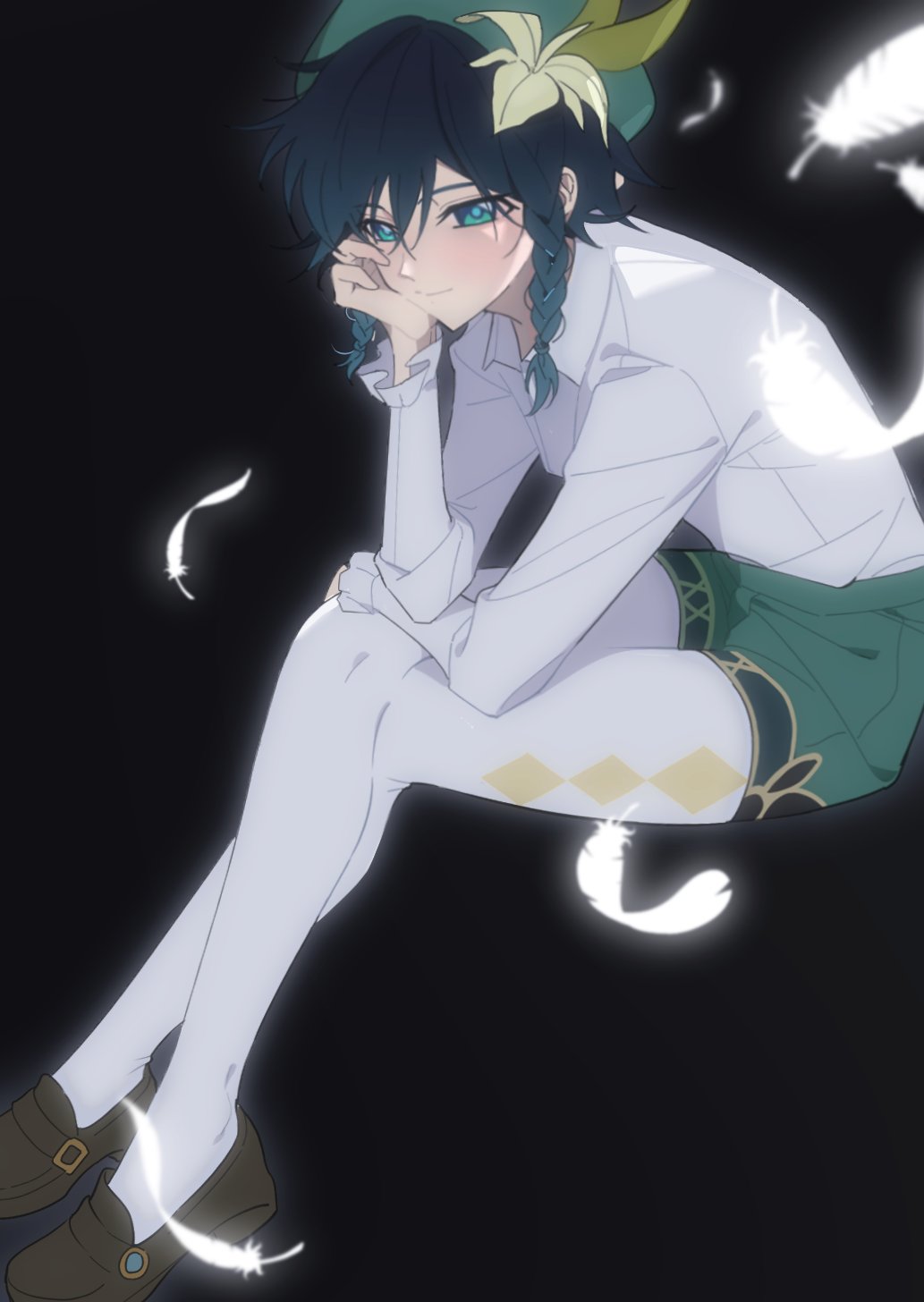 1boy, annlin, black_background, black_hair, blue_eyes, blue_hair, braid, brown_shoes