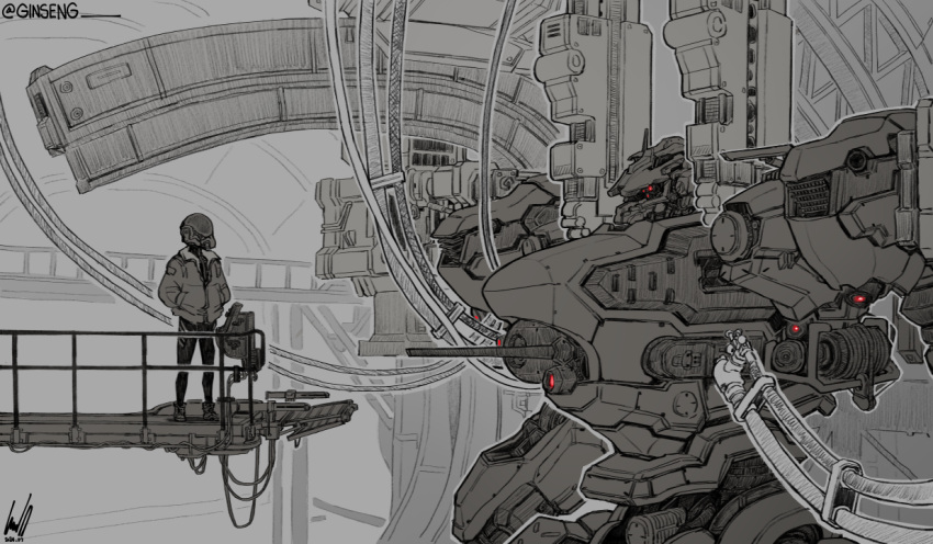 1boy, 1other, armored_core, armored_core_vi:_fires_of_rubicon, artist_name, bomber_jacket, cable, english_commentary, ginseng_(xin), glowing, glowing_eye, greyscale, hands_in_pockets, hangar, helmet, indoors, jacket, mecha, mecha_focus, mecha_pilot_suit, monochrome, nightfall_(armored_core_vi), railing, red_eyes, robot, science_fiction, signature, spot_color, standing, twitter_username