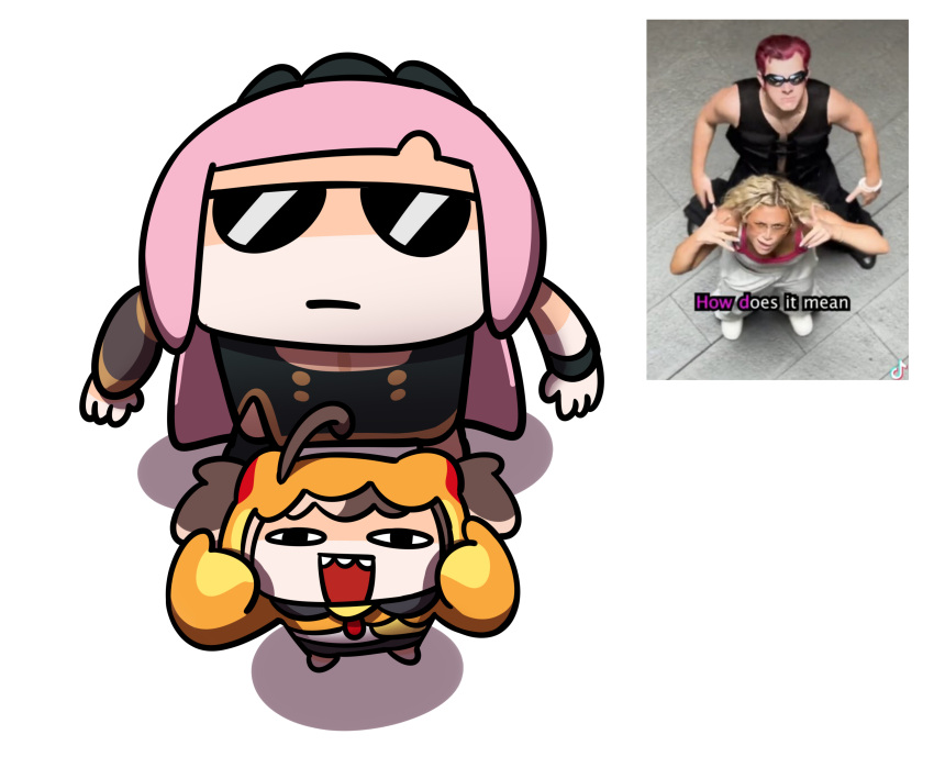 1boy, 3girls, absurdres, ahoge, blunt_bangs, brown_hair, chibi, dj_crazy_times