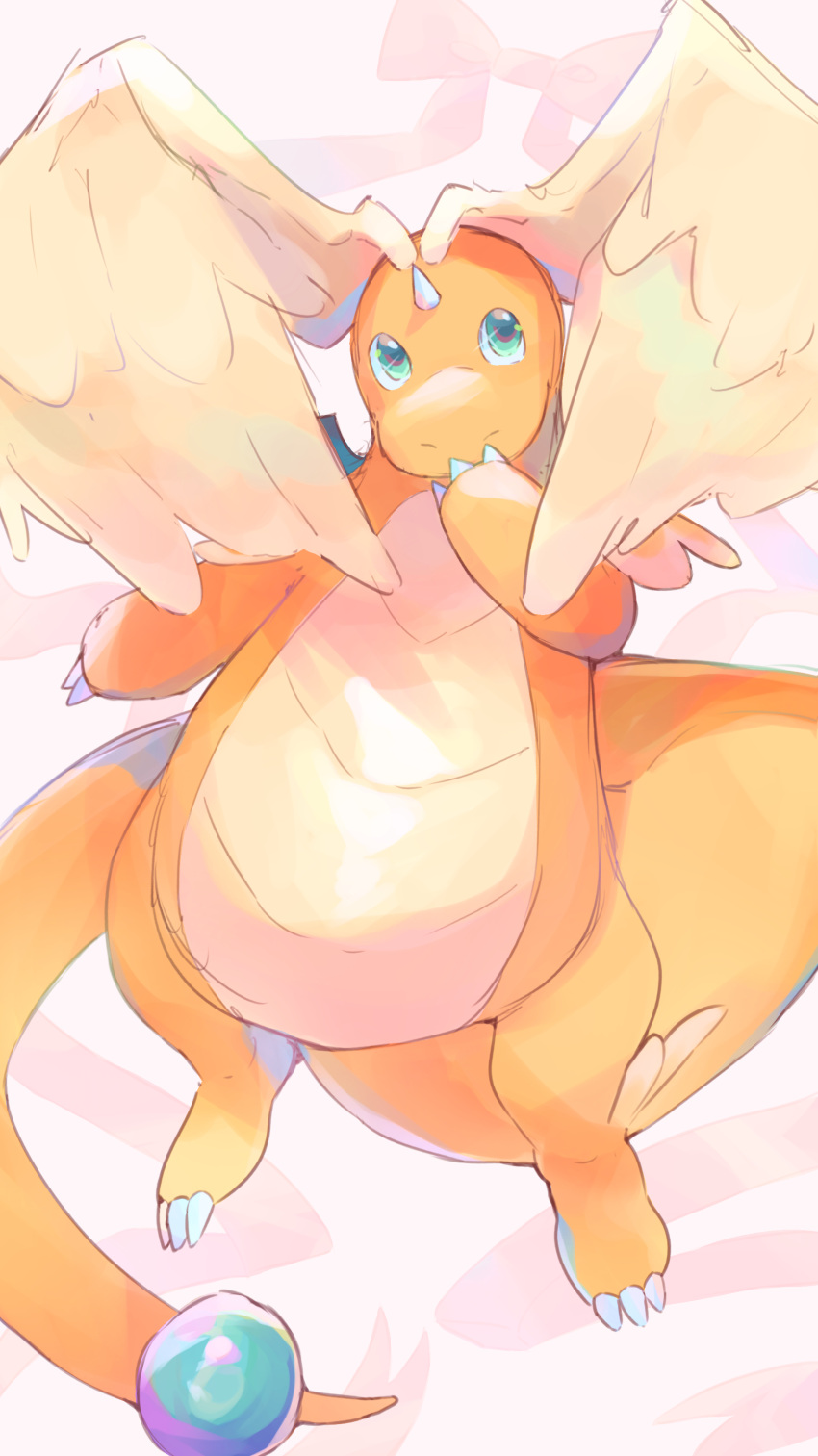 absurdres, aqua_eyes, bead_tail_ornament, commentary, dragonite, full_body, head_wings, highres