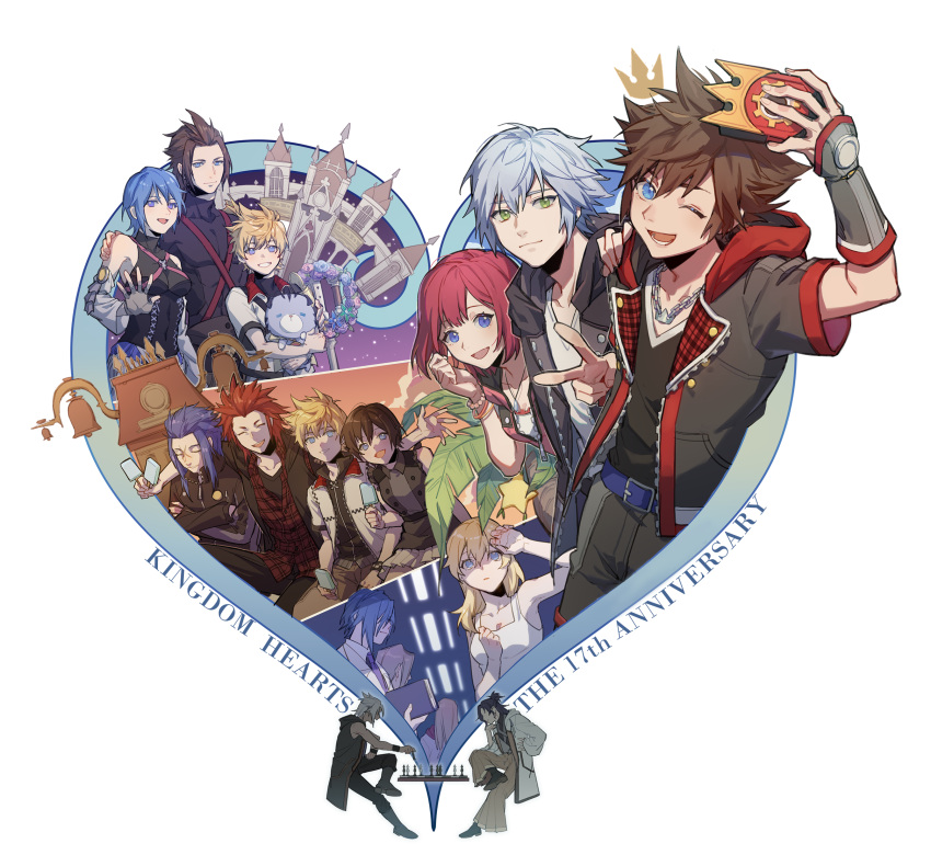 4girls, 6+boys, :d, akabane_yu, ansem_the_wise, aqua_(kingdom_hearts), arm_over_shoulder, arm_up