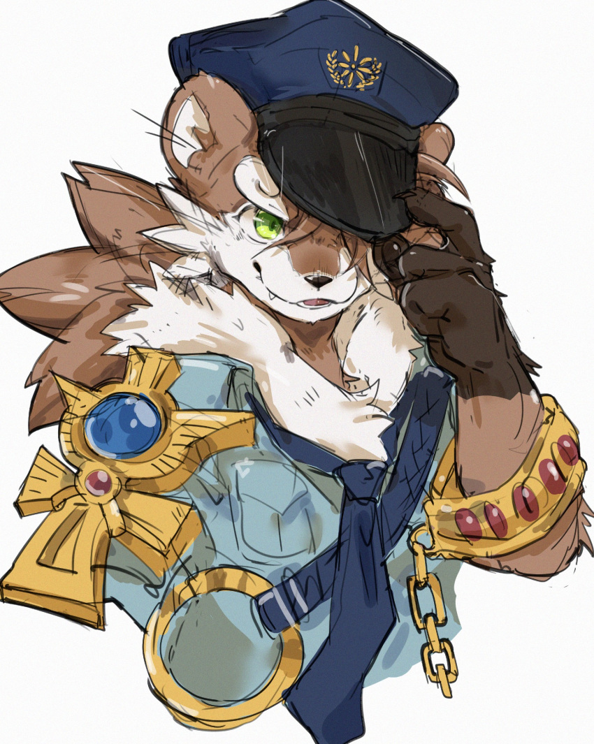 1boy, accessories, animal_ears, ao_gravity, blue_necktie, claws, commentary, fang