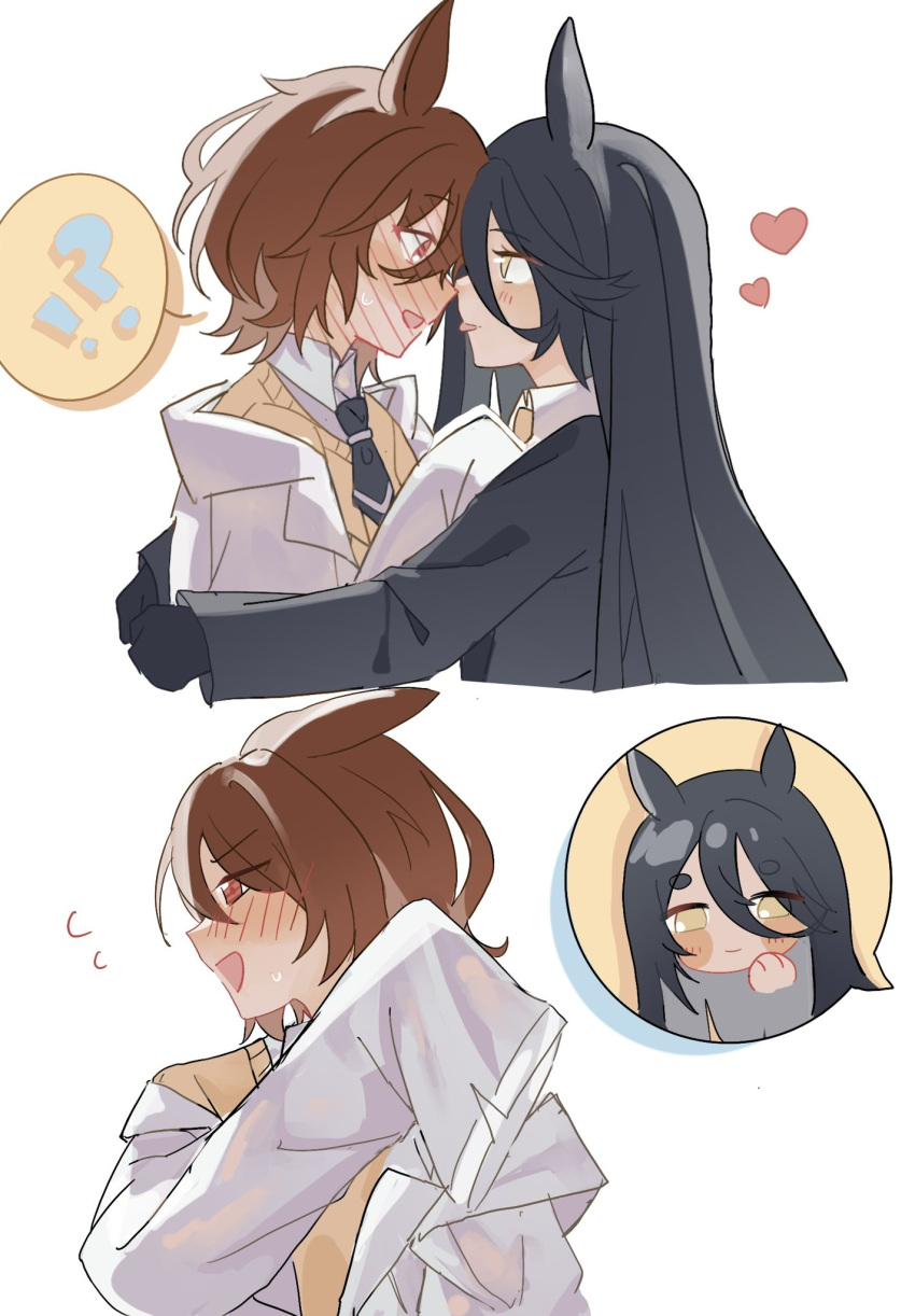 !?, 2girls, agnes_tachyon_(umamusume), animal_ears, black_gloves, black_hair, black_necktie, blush