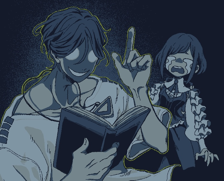 1boy, 1girl, backpack, bag, blue_theme, bonnou_(kisikaisei), book, closed_eyes