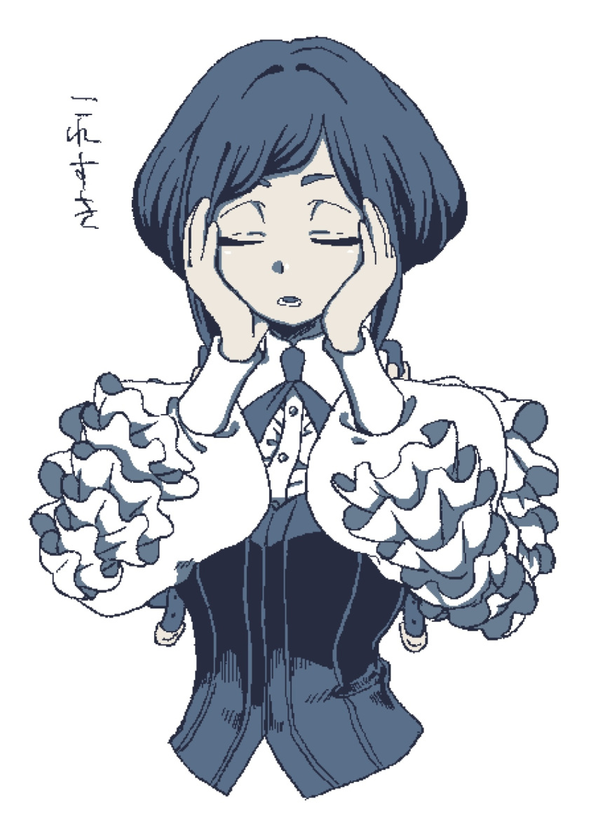 1girl, blue_hair, blue_theme, bonnou_(kisikaisei), closed_eyes, collared_shirt, commentary_request, cropped_torso
