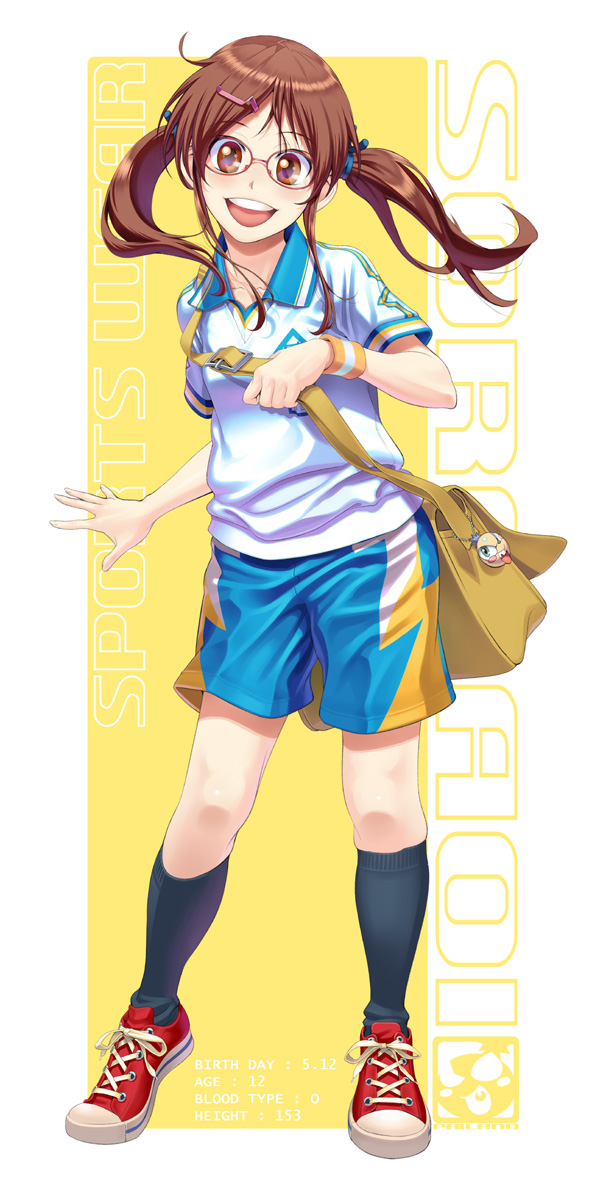 aoi_sora_(pairan), bad_id, bah, blush, brown_eyes, brown_hair, face, flat_chest, footwear, glasses, hair_ornament, hairclip, happy, highres, long_hair, original, pairan, shoes, shorts, sneakers, socks, solo, sportswear, teeth, twintails