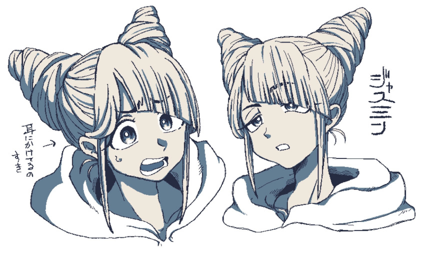 1girl, arrow_(symbol), bonnou_(kisikaisei), character_name, cone_hair_bun, diagonal_bangs, double_bun, furrowed_brow