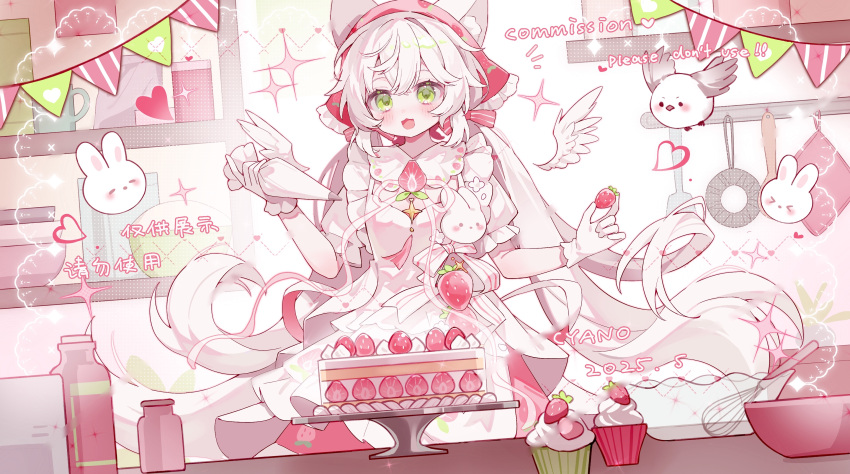 1girl, :d, absurdres, artist_name, blush, cake, commission, cupcake, cyano, dated, dress, food, frilled_headwear, fruit, gloves, green_eyes, hair_ribbon, headscarf, highres, holding, holding_food, long_hair, looking_at_viewer, low_twintails, mixing_bowl, open_mouth, original, pink_headscarf, pink_ribbon, ribbon, short_sleeves, smile, solo, strawberry, tray, twintails, upper_body, whisk, white_dress, white_gloves, white_hair