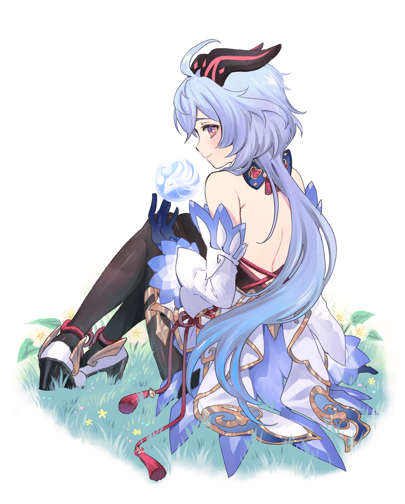 1girl, back, backless_outfit, black_gloves, black_pantyhose, blue_gloves, blue_hair, blush