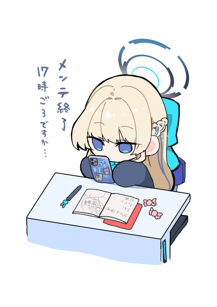 blonde_hair, blue_archive, blue_eyes, candy, cellphone, chibi, desk, eimi_(blue_archive)