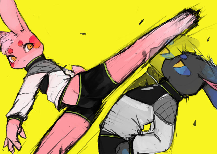 2boys, afterimage, animal_ears, black_fur, black_shorts, blue_fur, chu_(66r741), colored_sclera, divine_markings, facial_mark, fighting, flying_kick, from_side, furry, furry_male, gradient_fur, high_kick, highres, jacket, jammers, kicking, leaning_back, long_sleeves, looking_at_another, male_swimwear, motion_lines, multiple_boys, orange_eyes, original, pink_fur, rabbit, rabbit_ears, rabbit_tail, red_eyes, shorts, stomach, tail, yellow_background, yellow_sclera