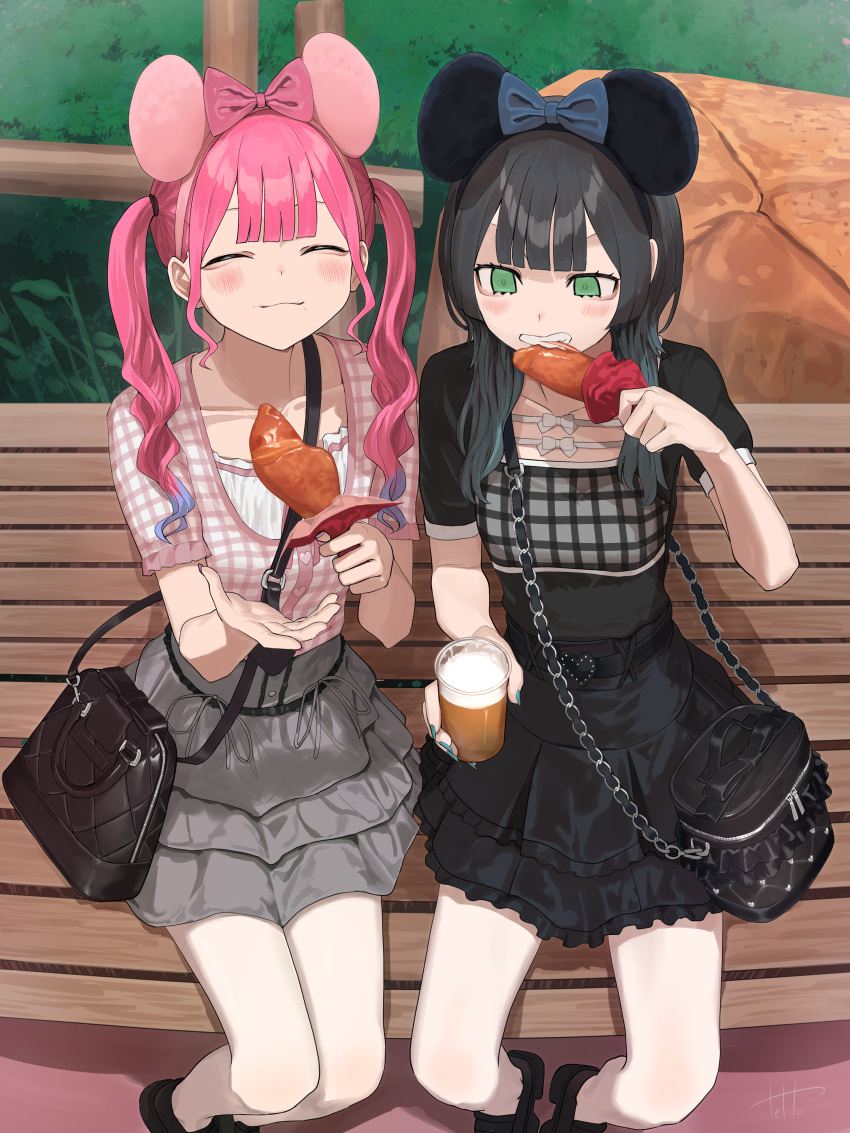 2girls, absurdres, bench, black_bag, black_hair, black_shirt, black_shoes, black_skirt, blue_bow, blue_hair, blue_nails, blush, bow, brown_bag, closed_eyes, closed_mouth, collarbone, colored_tips, commentary_request, cup, eating, food, food_on_face, green_eyes, grey_skirt, hair_bow, highres, hinamizawa_hinami_(tetto), holding, holding_cup, holding_food, igarashi_ritsu_(tetto), long_hair, mouse_ears, mouse_girl, multicolored_hair, multiple_girls, nail_polish, original, pink_bow, pink_hair, pink_nails, pink_shirt, shirt, shoes, sitting, skirt, tetto_(onnoveltet), twintails
