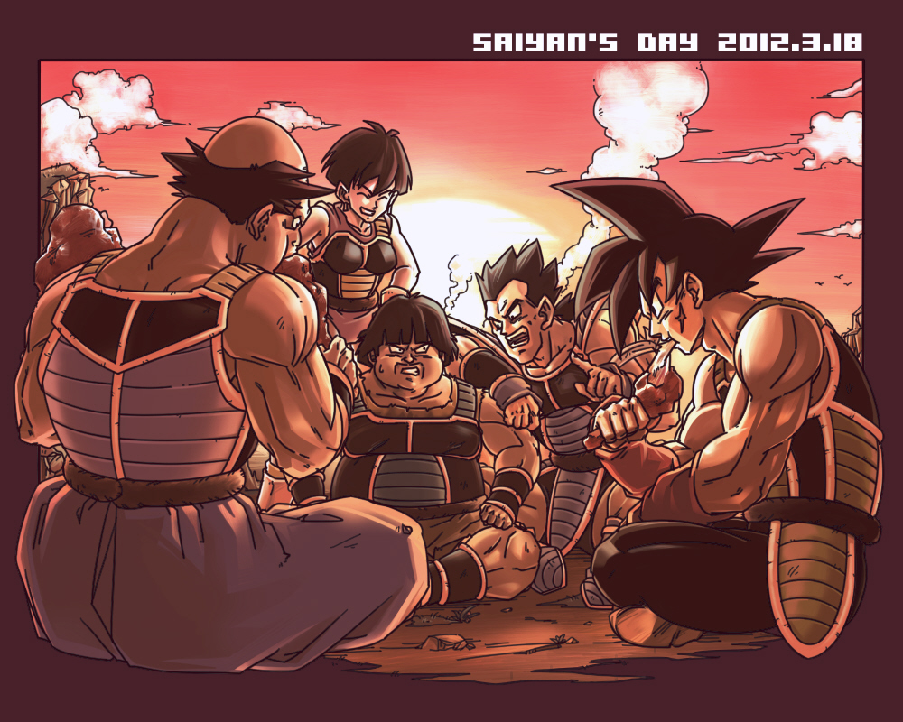 1girl, 2012, 4boys, bardock, dragon_ball, eating, food, group_picture