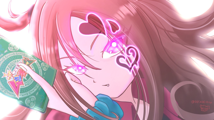 1girl, aqua_scrunchie, brown_hair, card, close-up, decade10ex, facial_tattoo, glowing