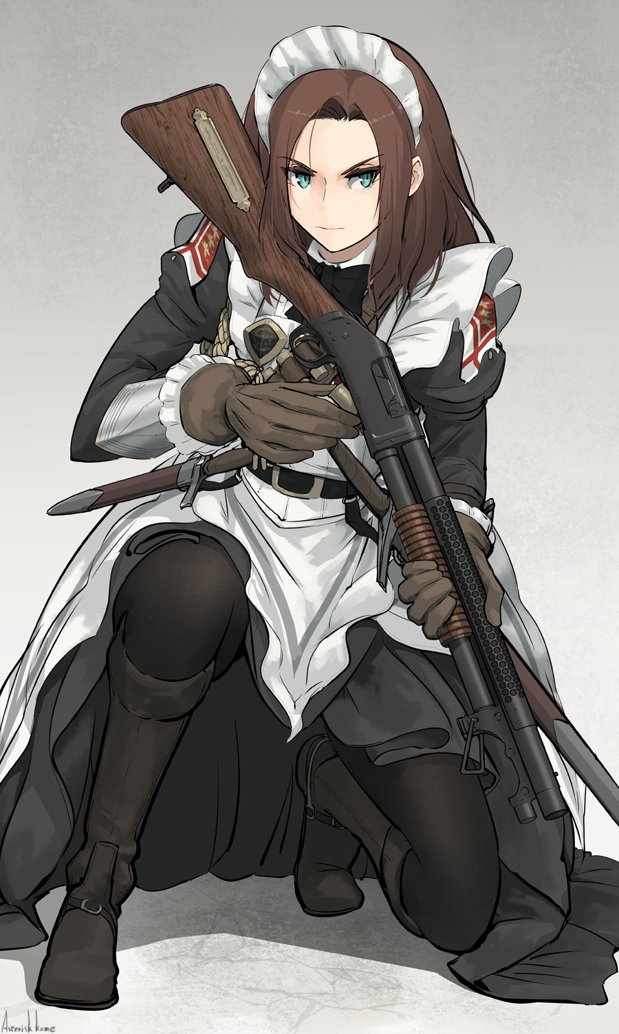 1girl, apron, aqua_eyes, asterisk_kome, black_dress, black_pantyhose, boots, brown_gloves, brown_hair, dagger, dress, gina_wallace, gloves, gun, heroes_of_order, highres, holding, holding_gun, holding_weapon, knife, maid, maid_apron, maid_headdress, on_one_knee, pantyhose, pump_action, scabbard, sheath, shotgun, shotgun_shell, solo, sword, weapon, winchester_model_1897