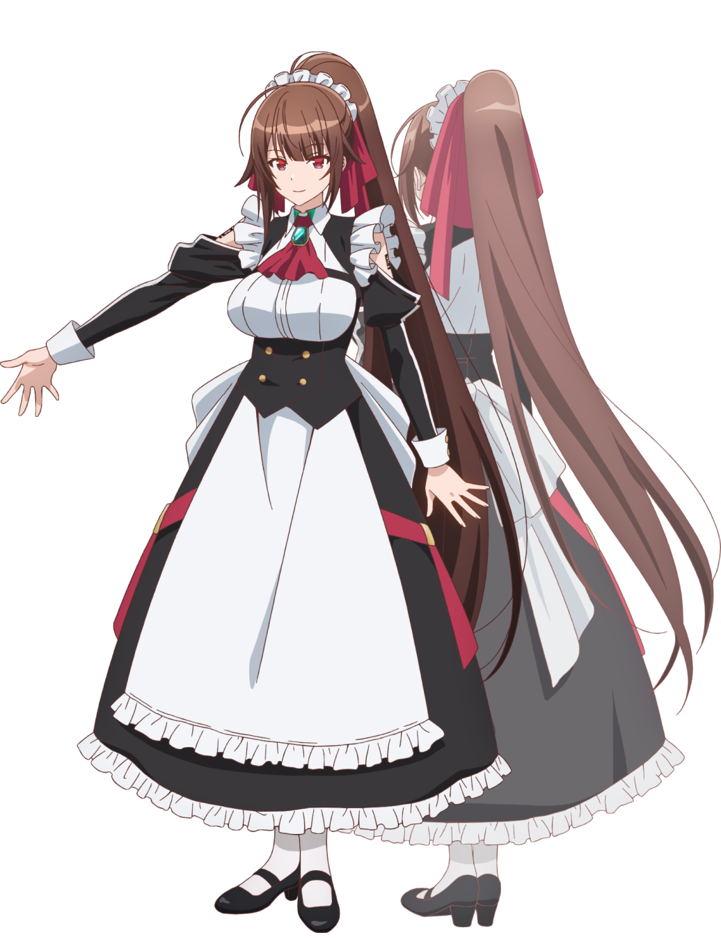 2girls, amagi_(oreaku), anime_coloring, apron, ascot, back, bare_shoulders, black_corset