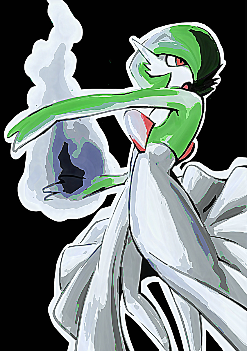 absurdres, black_background, bob_cut, colored_skin, dress, gardevoir, green_hair, green_skin