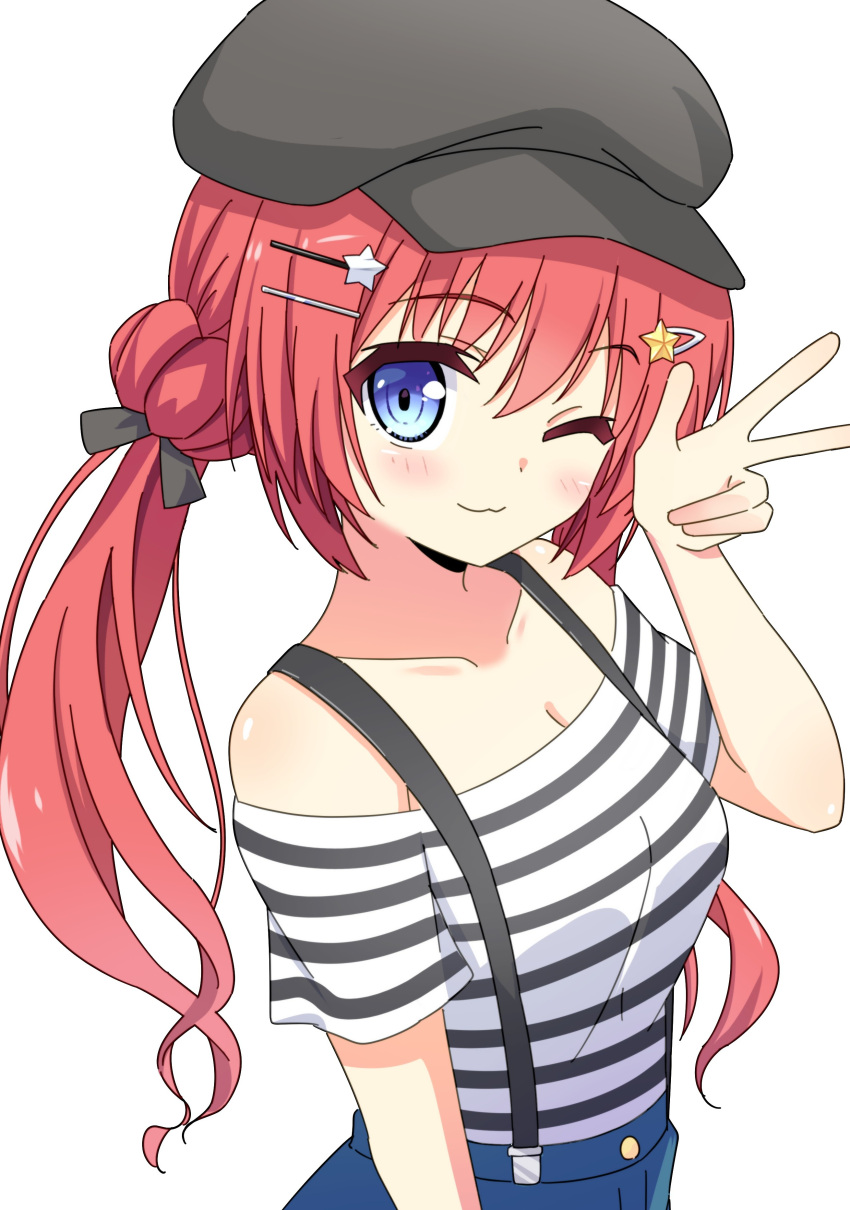 1girl, ;3, absurdres, bare_shoulders, black_bow, black_hat, blue_eyes, blue_skirt