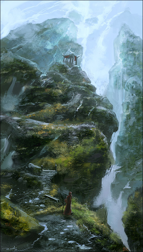 landscape, makarori_(noah), mountain, original, pagoda, path, robe, solo, staff, stairs, water, waterfall