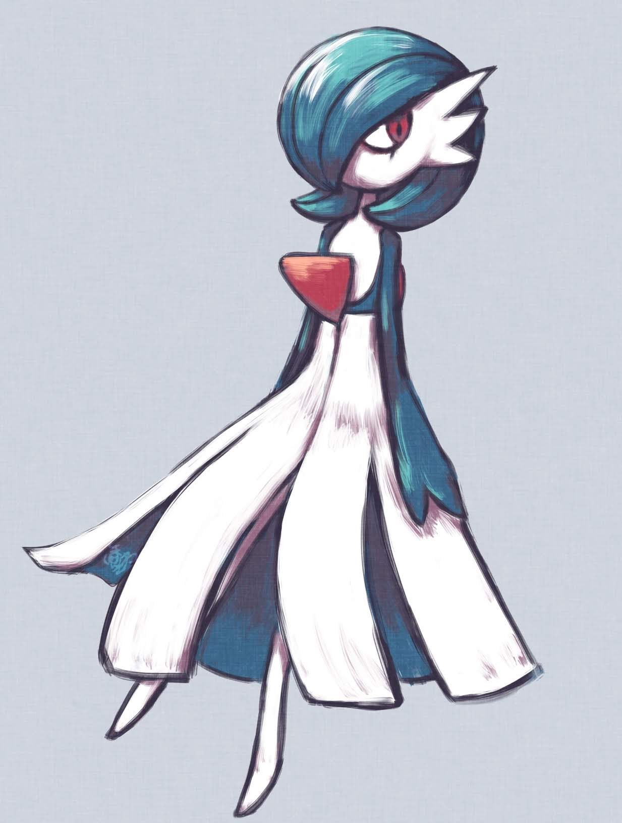 alternate_color, blue_hair, blue_skin, bob_cut, colored_skin, dress, gardevoir, grey_background