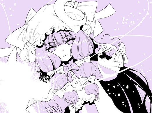 1girl, bow, crescent, crescent_hat_ornament, hair_bow, hat, hat_ornament, looking_at_viewer, mob_cap, mura_kuroe, patchouli_knowledge, purple_background, purple_hair, solo, touhou, twintails, violet_eyes