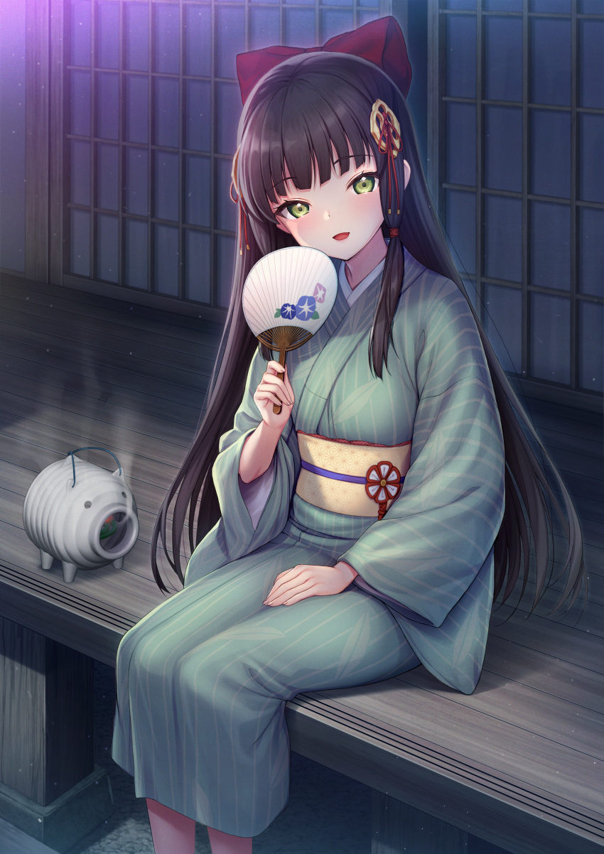 1girl, :d, absurdres, black_hair, blunt_bangs, blush, bow, commentary_request