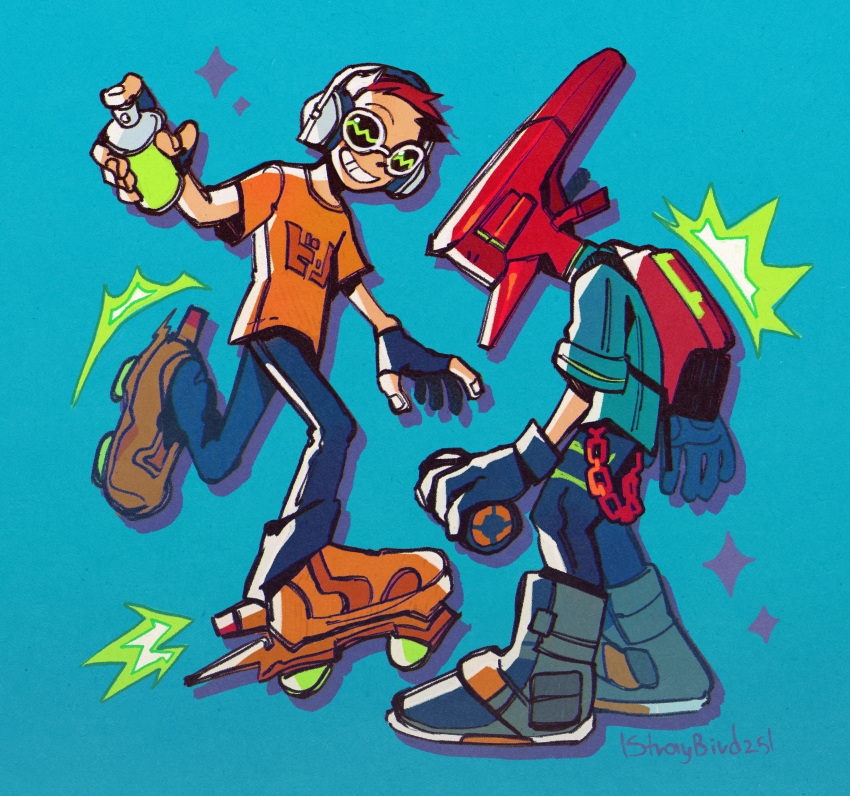 2boys, absurdres, artist_name, backpack, bag, beat_(jsr), black_gloves, blue_background