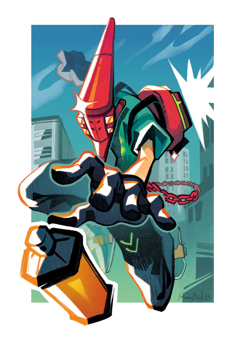 1boy, absurdres, artist_name, backpack, bag, black_gloves, black_pants, bomb_rush_cyberfunk, building, chain, clenched_hand, cyberhead, glint, gloves, green_shirt, highres, jet_set_radio, male_focus, oudoors, pants, red_(bomb_rush_cyberfunk), shirt, spray_can, straybird25